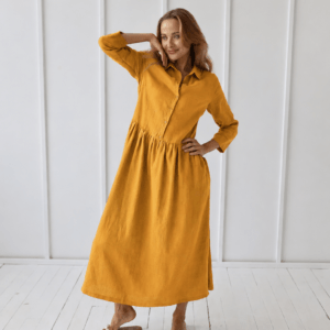 1245 mustard11 lanena obleka