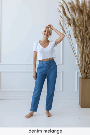 Ženske hlače 1383 100% lan, DENIM MELANGE L