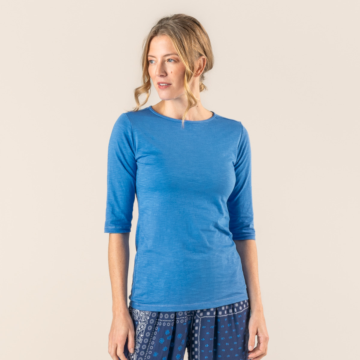 Ženska majica 3/4 rokavi iz 100% eko bombaža AZURE BLAU XS,S