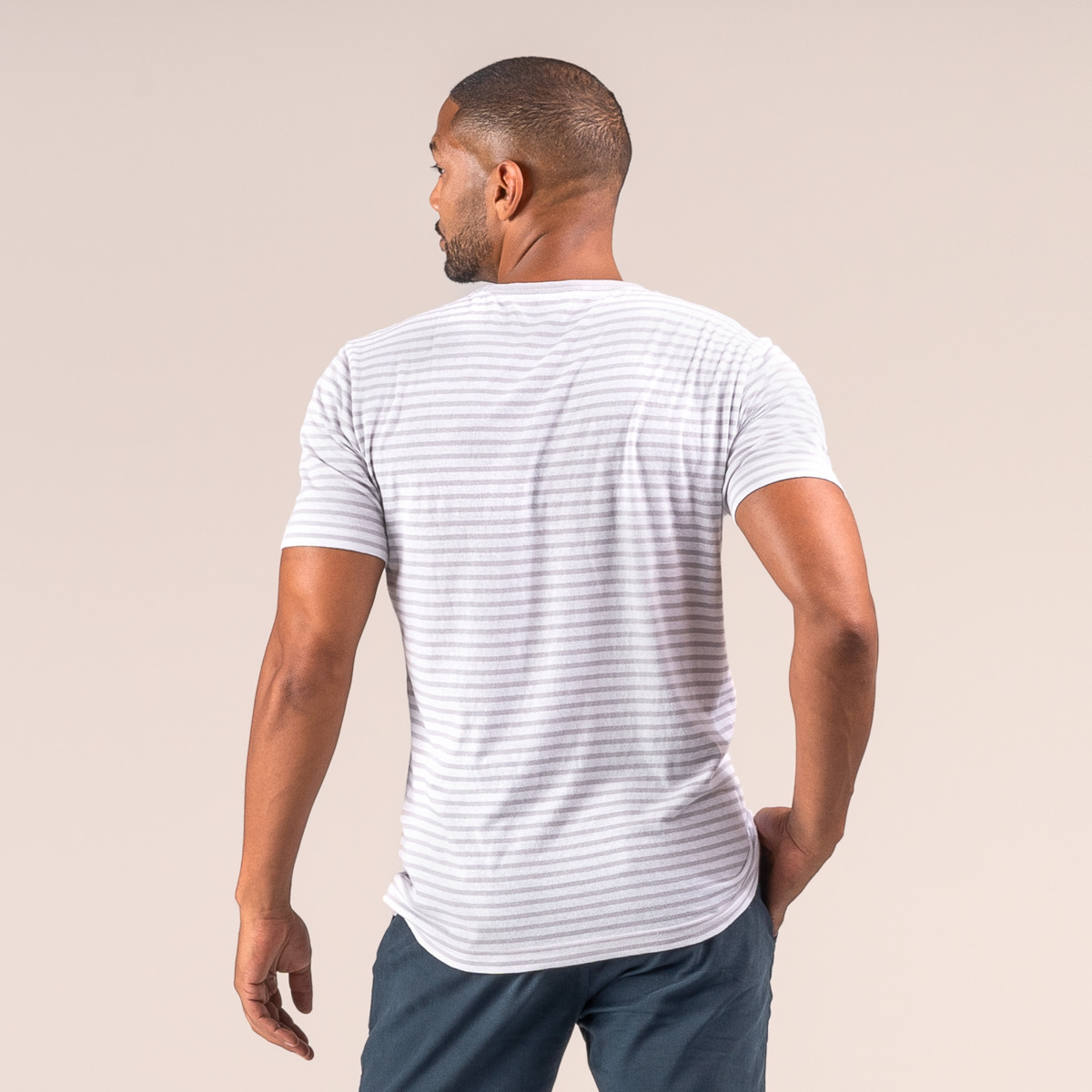 Moška majica KR eko bombaž, lan BELA črtasta L