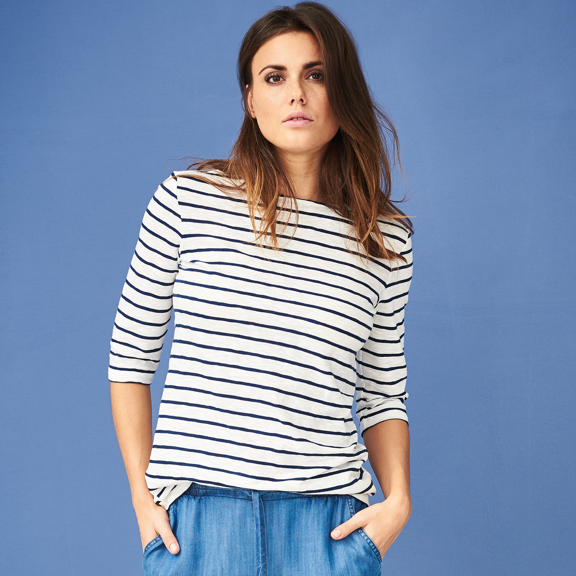 Ženska majica 3/4 rokavi iz 100% eko bombaža MODRA črte S,M,XL