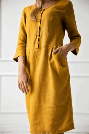 Lanena ženska obleka 1230 MUSTARD L Lanena ženska obleka 1230 MUSTARD L