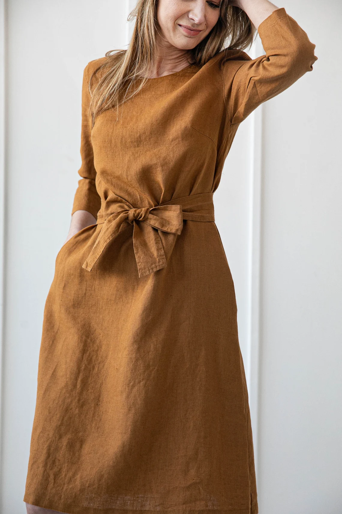 Obleka 3/4 rokav s pasom 1252, 100% lan