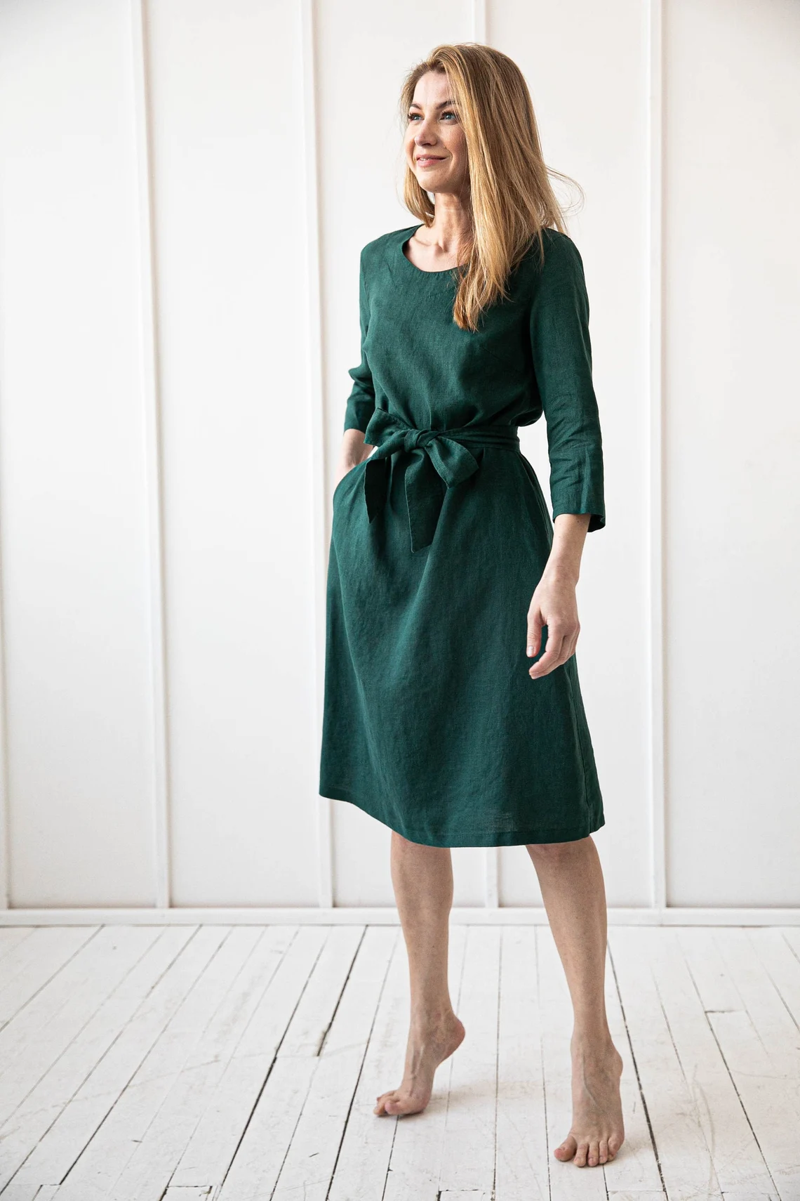 Obleka 3/4 rokav s pasom 1252, 100% lan