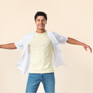 Moška majica KR eko bombaž, lan RUMENA črtasta M, L