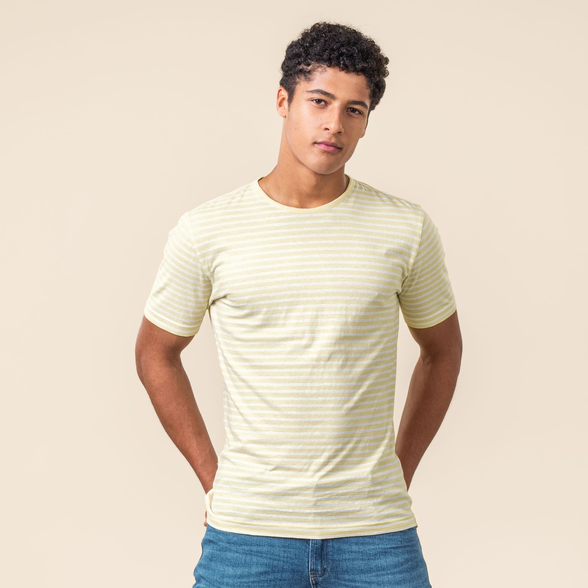 Moška majica KR eko bombaž, lan RUMENA črtasta M, L