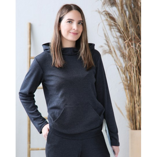 Ženski pulover s kapuco ali brez iz 100% volne temno sive