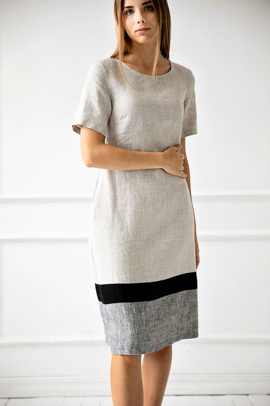 Obleka ženska 1223 100% lan, BEIGE GREY L