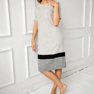 Obleka ženska 1223 100% lan, BEIGE GREY L