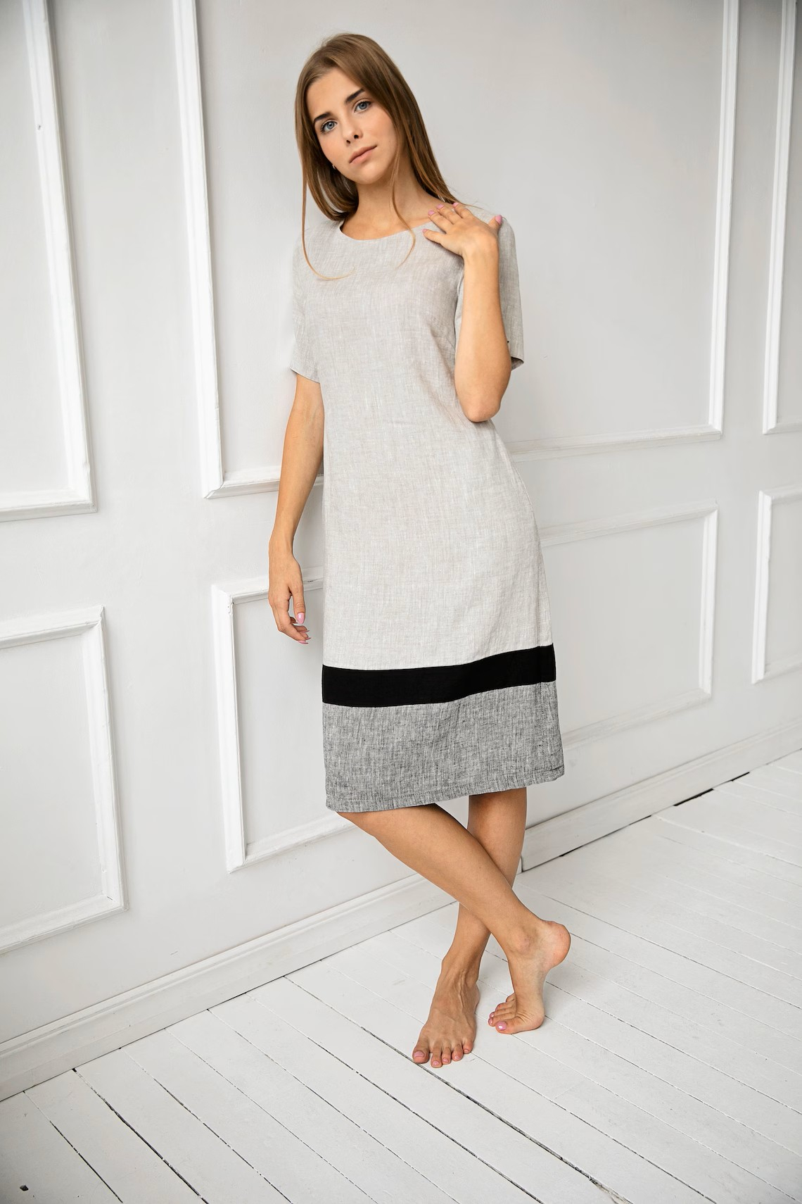 Obleka ženska 1223 100% lan, BEIGE GREY L