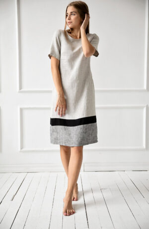 Obleka ženska 1223 100% lan, BEIGE GREY L