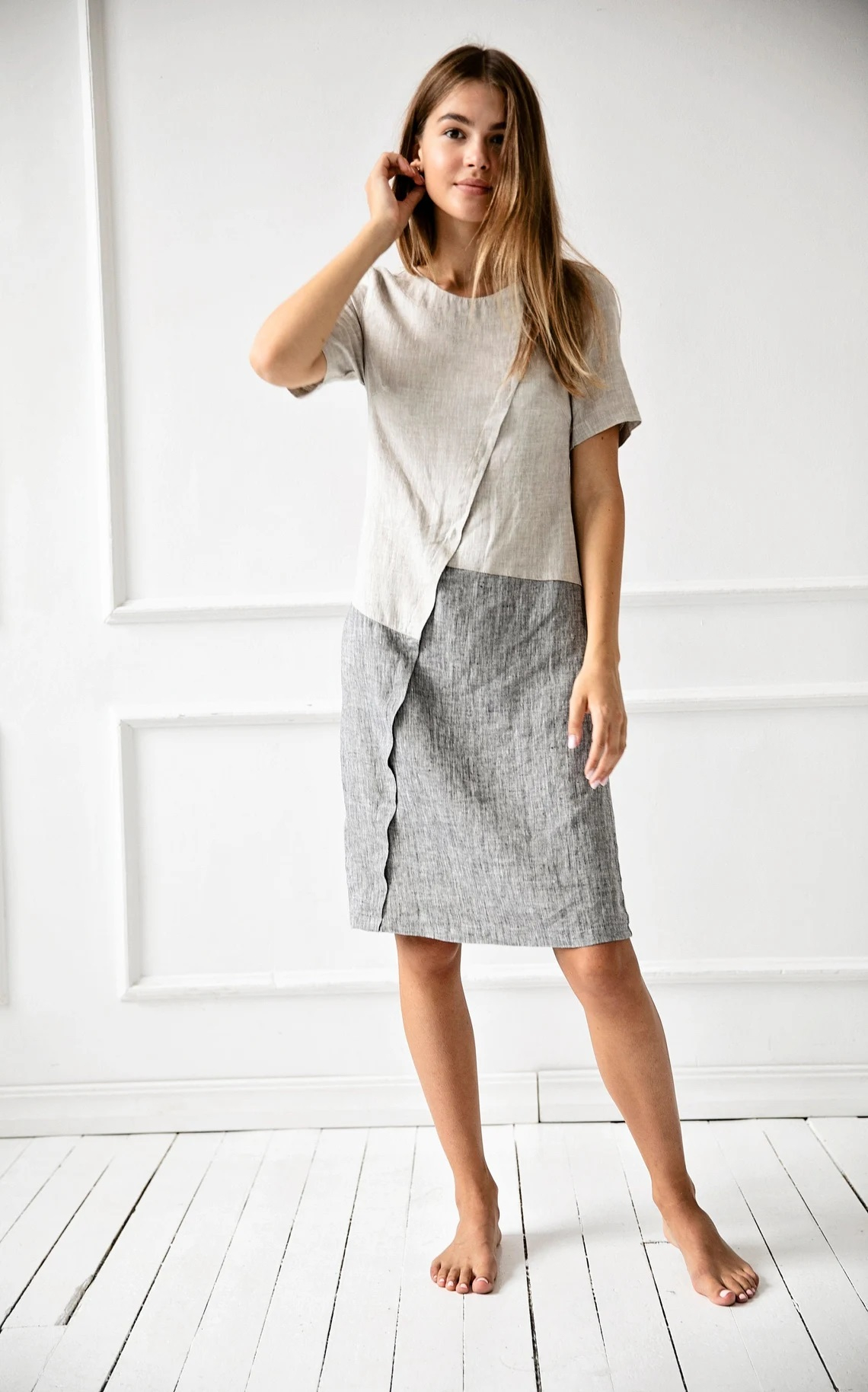 Obleka 1235 100% lan, BEIGE/GREY M