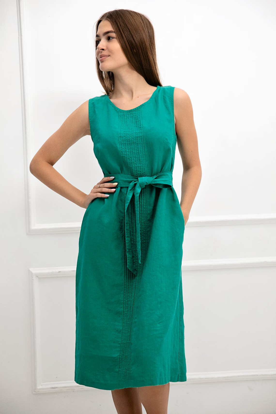 Obleka ženska 1287 100% lan, ZELENA M