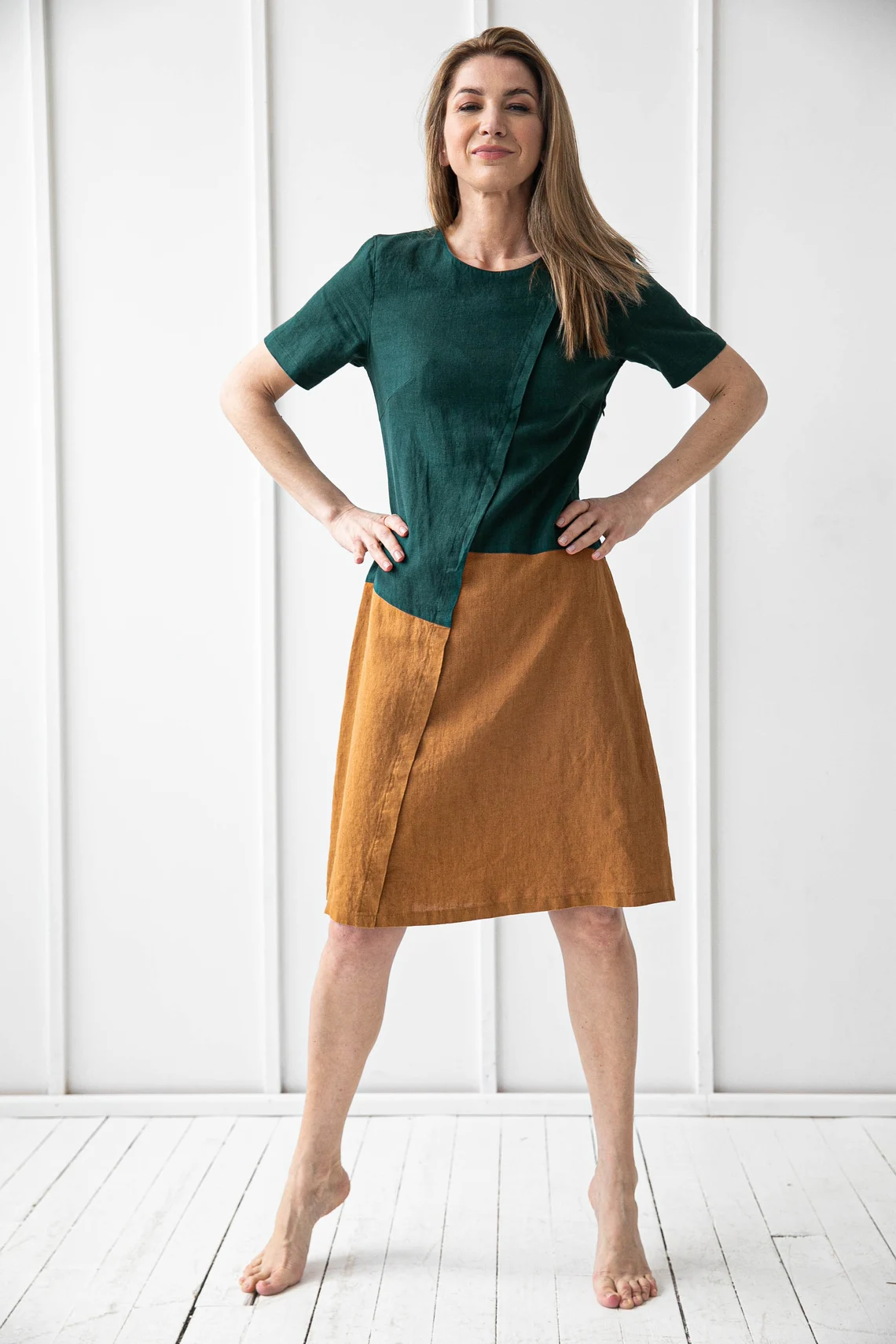 Obleka 1235 100% lan, GREEN/HONEY M