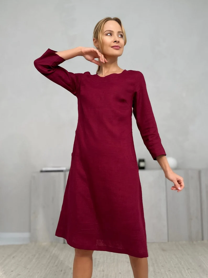 Obleka 1249, 100% lan, temno rdeča, S,M