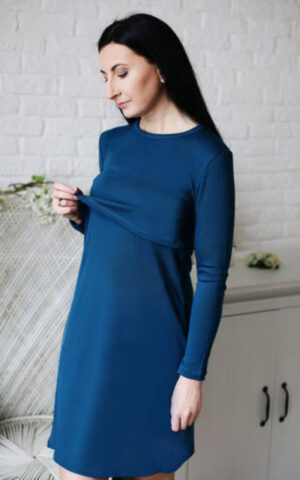 Ženska spalna srajca za dojenje iz 100% volne PETROL T.MODRA od S do XXL