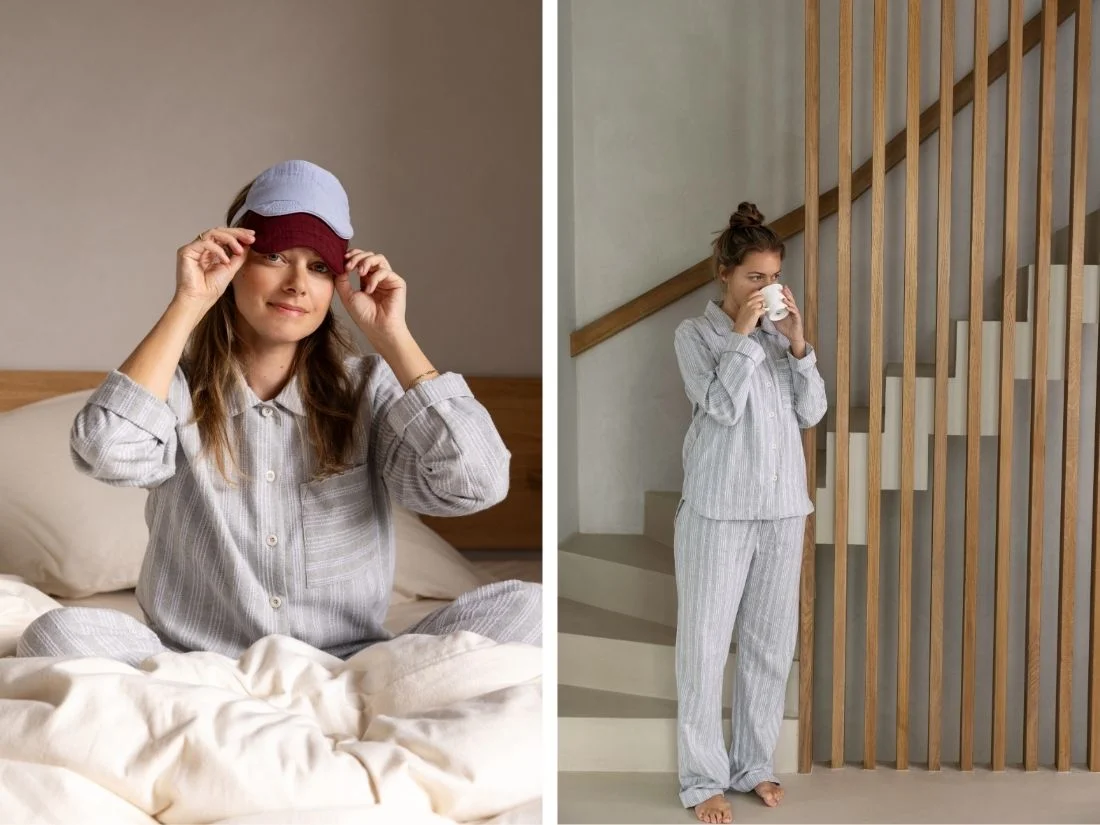 Spodnji del ženske pižame iz eko flanele, siva črtasta